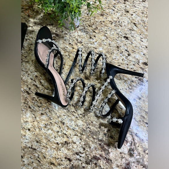 Pazzle Rhinestone Crystal Black/Silver Ankle Wrap High Heel Sandals - Picture 8 of 15